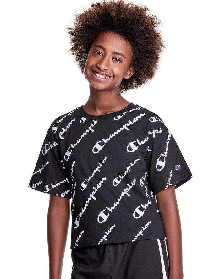 Champion Girls T-Shirt NZ - Boxy Allover Logo Black ( 7813-RUQYM )